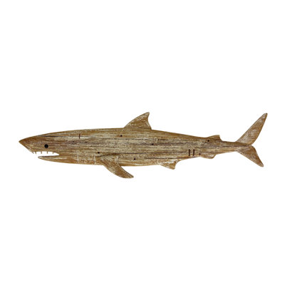 Coastal Rustic Hand Carved Wood Shark Wall Art with Whitewashed Finish, 31 Inches Wide