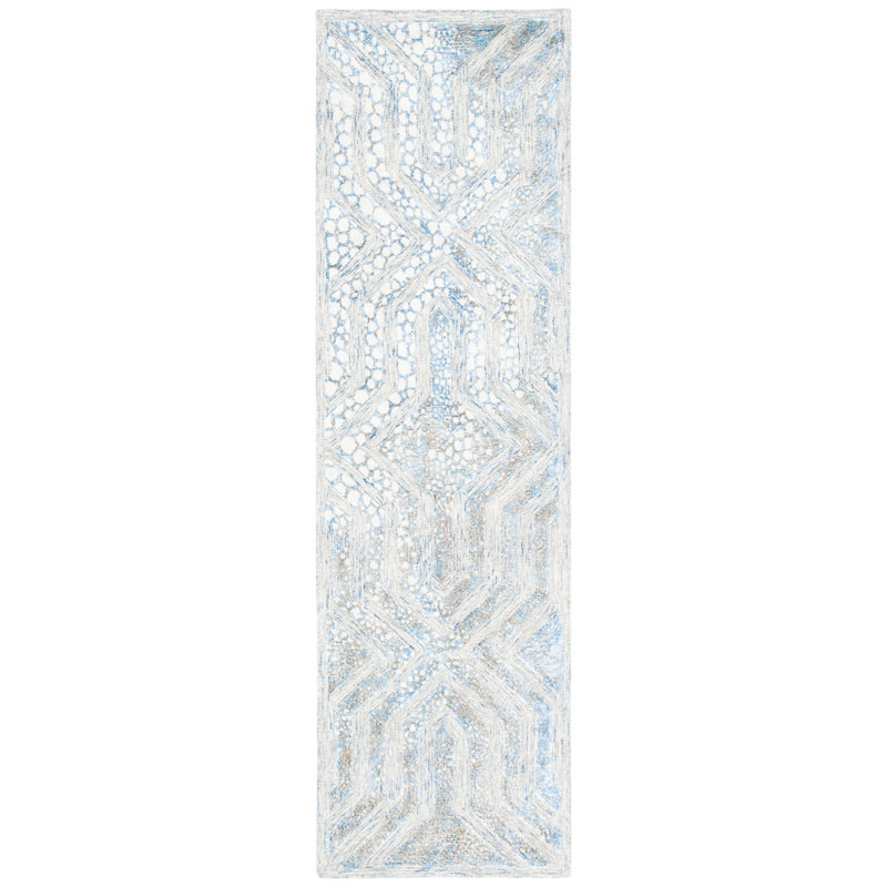 Tapis bleu / blanc en laine / viscose touffeté à la main Restoration, Tapis de couloir 2 pi 3 po x 8 pi