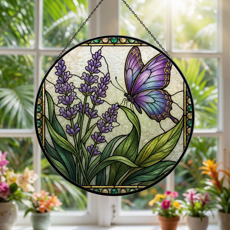 7.8"H Lavender Butterfly Stained Glass Window Panel