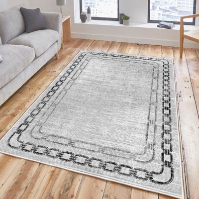 Luxury Antibacterial Area Rug, 50 x 80 cm (1.6 x 2.6 ft), 100% Cotton, 1200 g/m² | Non-Slip PVC Underside, Machine Washable, 0.4 in Pile Height | Elegant Cream, Grey & Black Design for Living Room & Bedroom