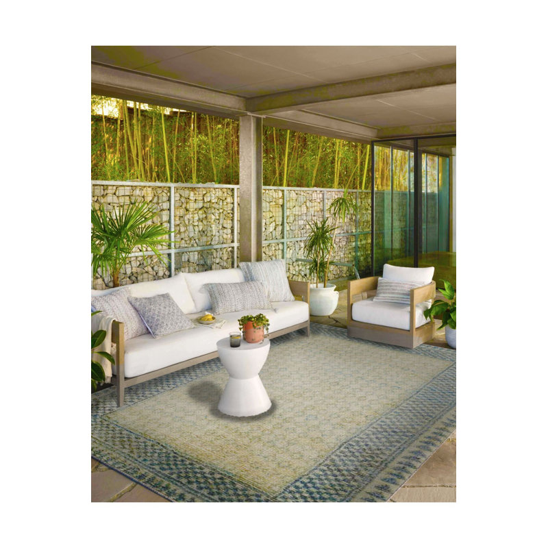 Tapis décoratif délavé à motif géométrique bleu-gris à bordure, Rectangle 3 pi 3 po x 4 pi 11 po
