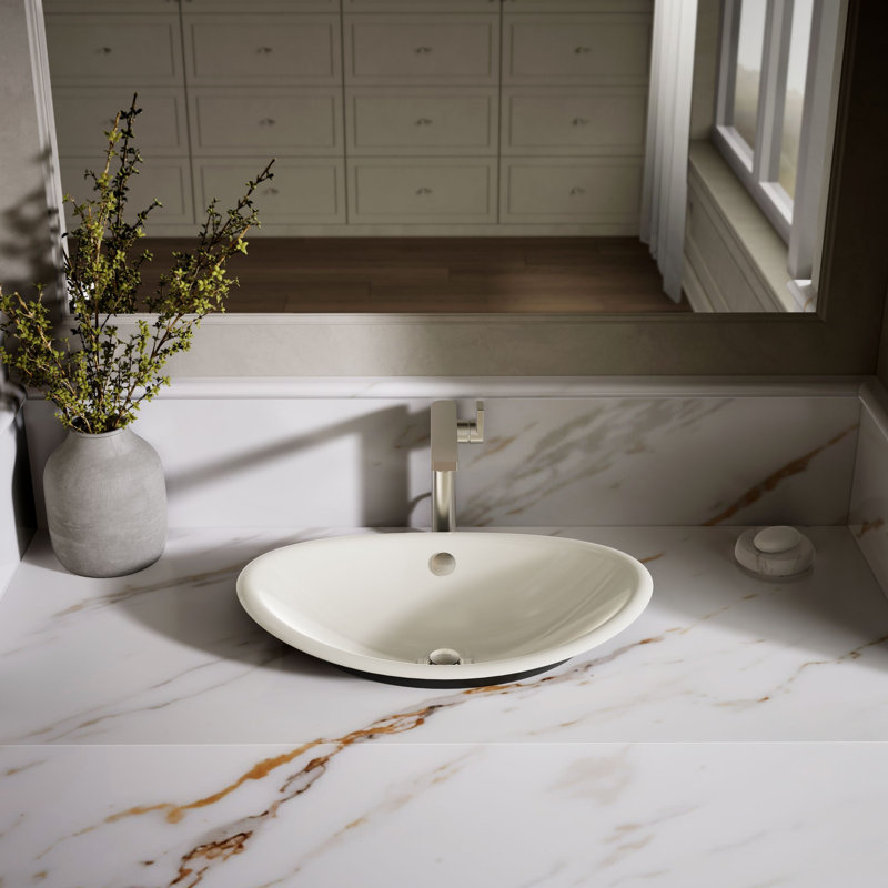 Iron Plains Metal Oval Vessel Bathroom Sink with Overflow, Biscuit