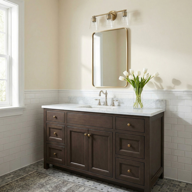 Meuble-lavabo 3 lumières l 23 po x H 9,5 po en laiton vieilli avec verre bullé transparent, Laiton vieilli