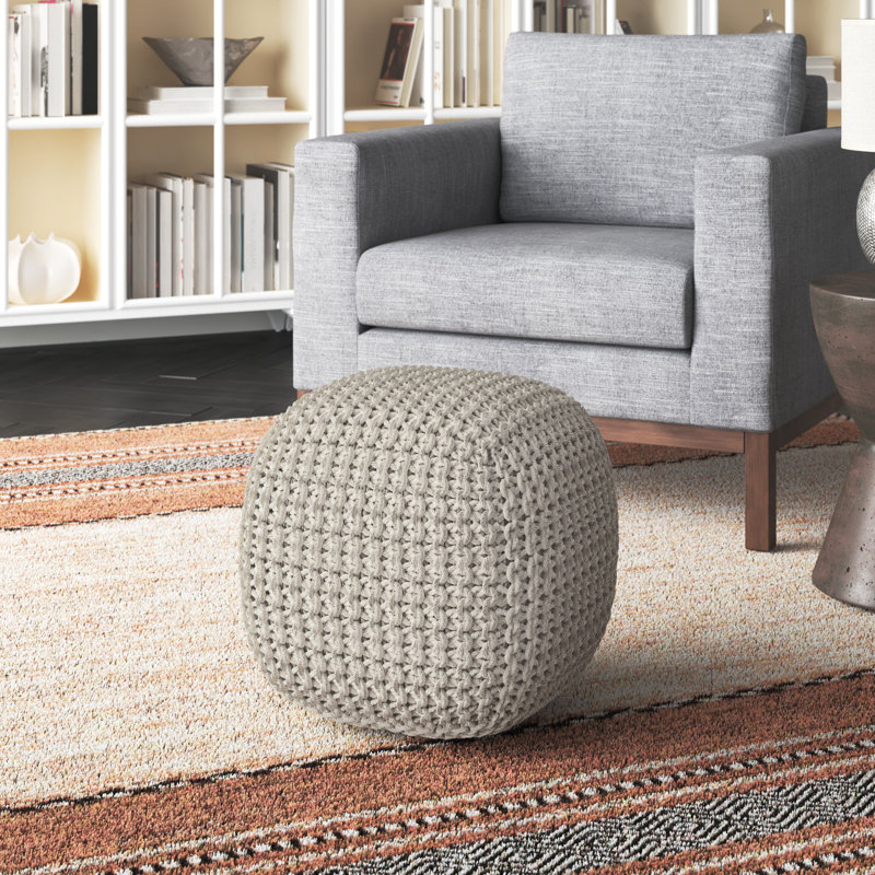 Beige Cotton Woven Square Pouf Ottoman