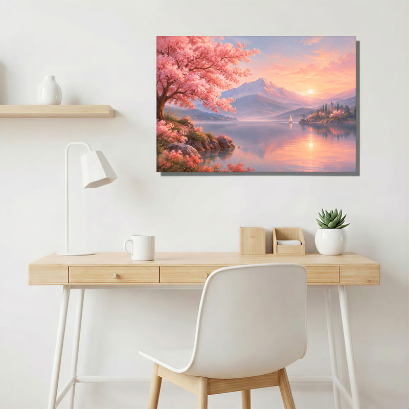 «Pink Blossom Tree and Mountain Lake At Sunset», art mural sur toile, 24"H x 36"W