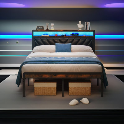 Lit plateforme en métal avec tête de lit tapissier réglable, lumières DEL, chargement USB