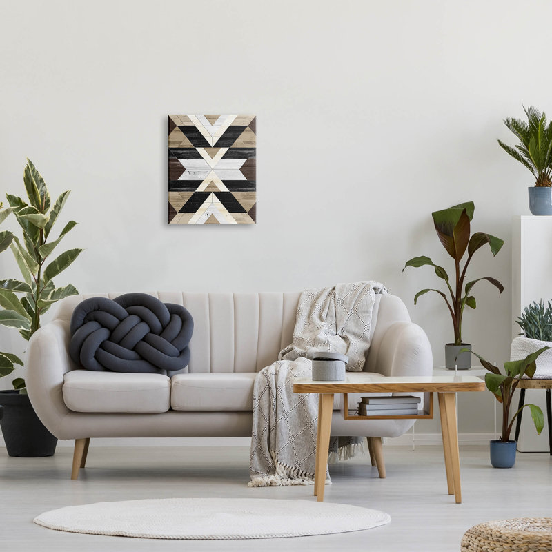 Rustic Linear Aztec Shapes Wooden Wall Art in Beige and Black