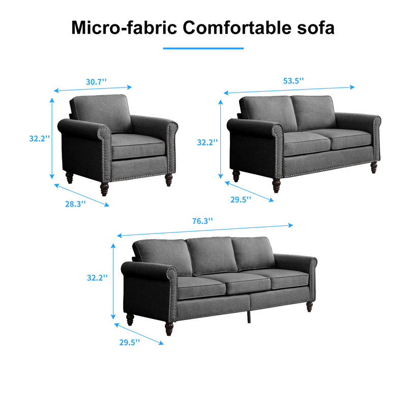 3-Piece Upholstered Sofa Set – Modern Microfabric Couch, Space-Saving Design for Apartments & Small Living Rooms, Dark Gray