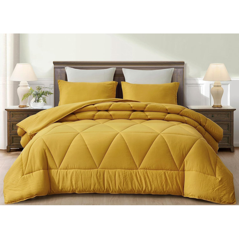 Washed Microfiber Bedding Polyester Comforter, Full/Double Comforter + 2 Standard Shams, Mustard Yellow