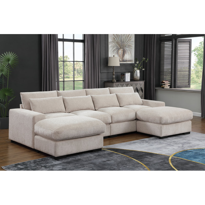 Canapé modulaire à méridienne rembourré Mauralia, Chenille beige