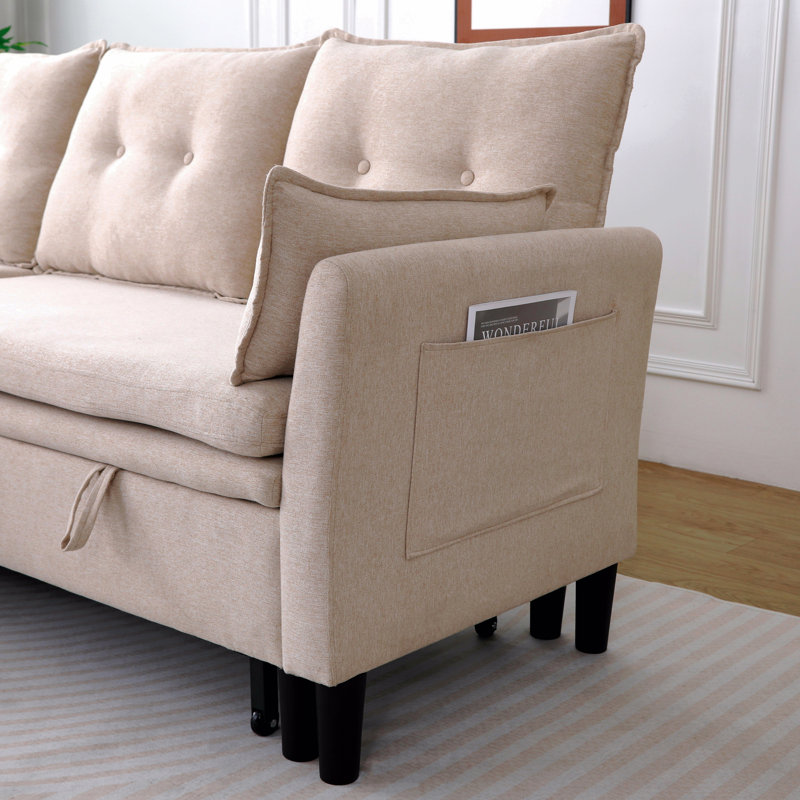 Canapé modulaire en L réversible avec rangement en L - coton et lin, Beige