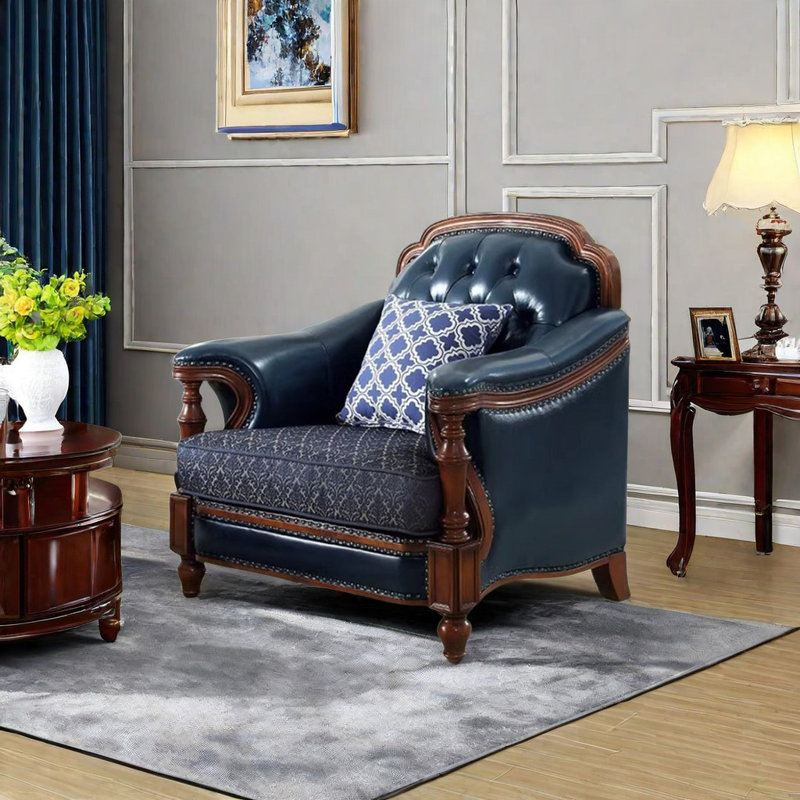 American Solid Wood Leather Chair Upholstered Armchair