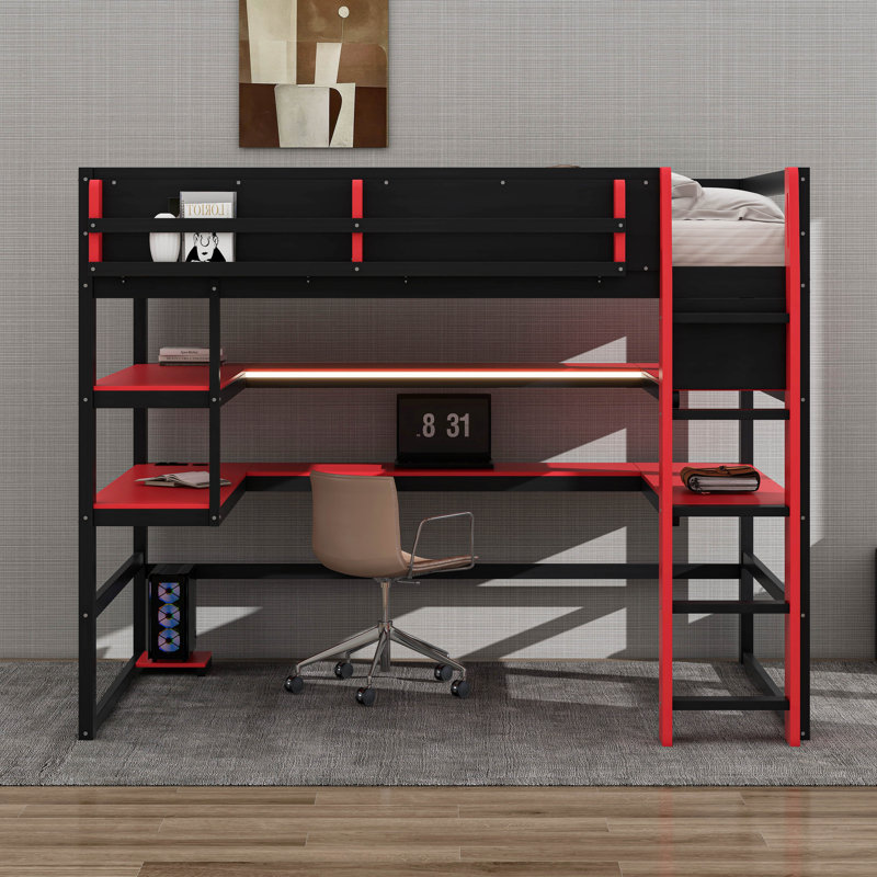 Lit mezzanine Gaming avec bureau intégré et tablettes de rangement, cadre de lit en bois peu encombrant avec DEL et course latérale