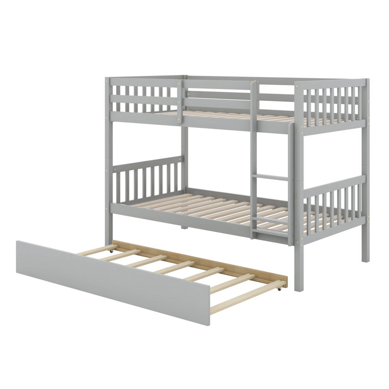  Kamorian Twin Over Twin Rubber Wood Bunk Bed With Trundle, Convertible Into 2 Beds, Gray/Natural