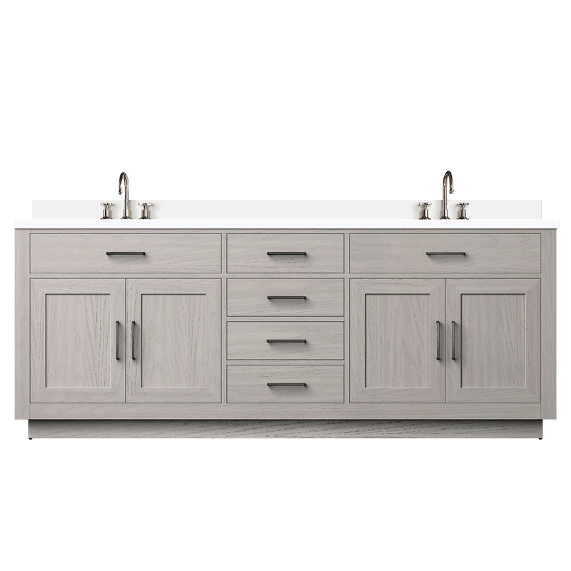 Meuble-lavabo double en chêne blanc pour salle de bain, 84 po L 22 po x P, surface en marbre de culture et robinets pour salle de bain, ensemble de robinets