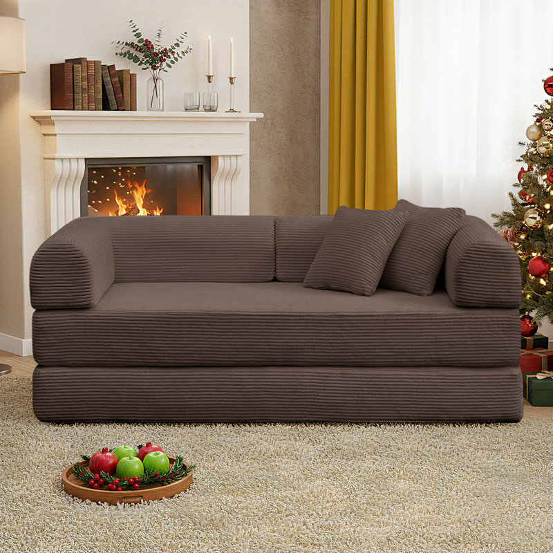 63" Compression Convertible Sleeper Futon Sofa Bed, 4-in-1 Corduroy Upholstered Floor Couch with 2 Pillows, No Assembly Required