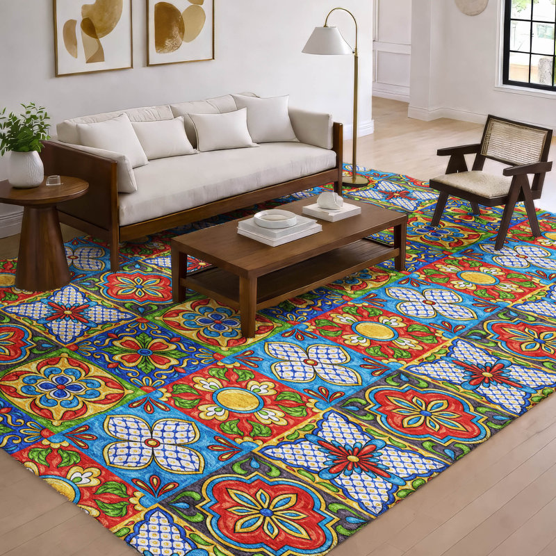 Premium Machine Washable Dream Shag ADS175 Spanish Tiles Rug, 5' x 7'6"