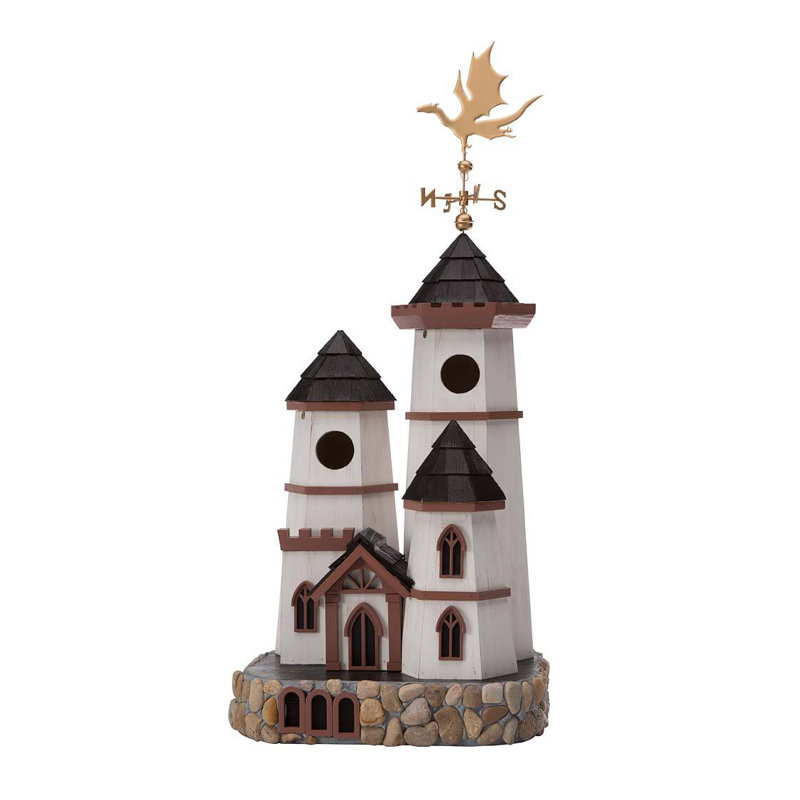 White and Brown Castle Birdhouse with Dragon Weathervane