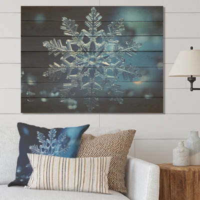 Blue Snowflake Holiday I - Winter Landscape On Wood Print