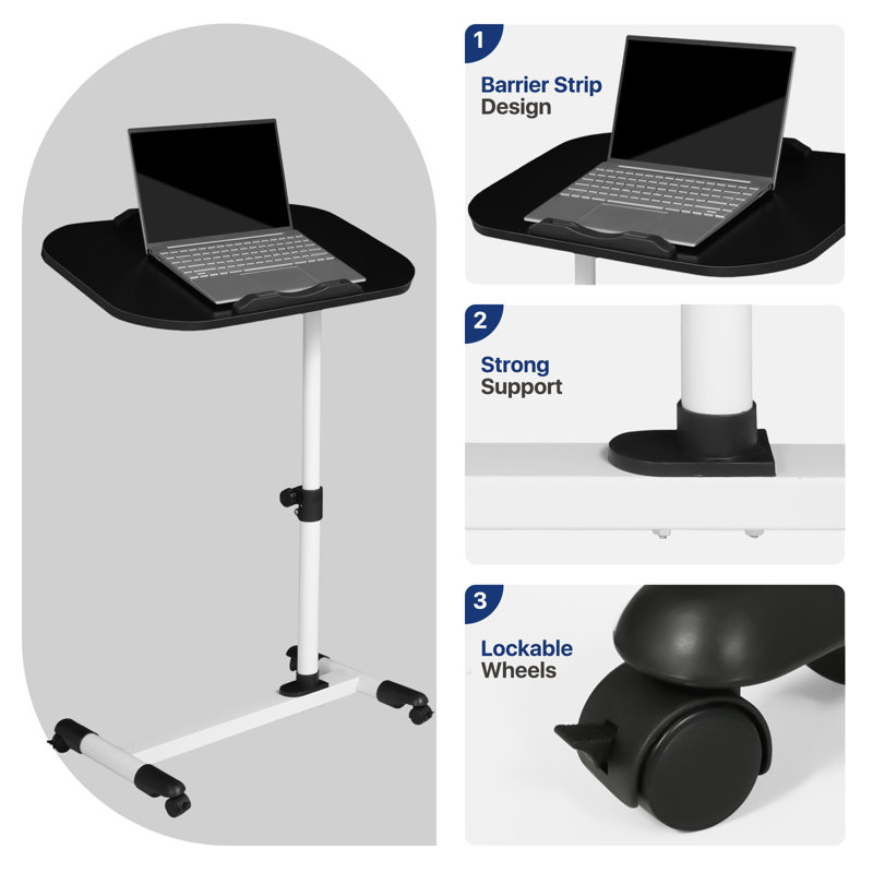 Mobile Computer Desk, Adjustable Height Standing Table, Laptop Desk Rolling Sit-Stand with Wheels, White