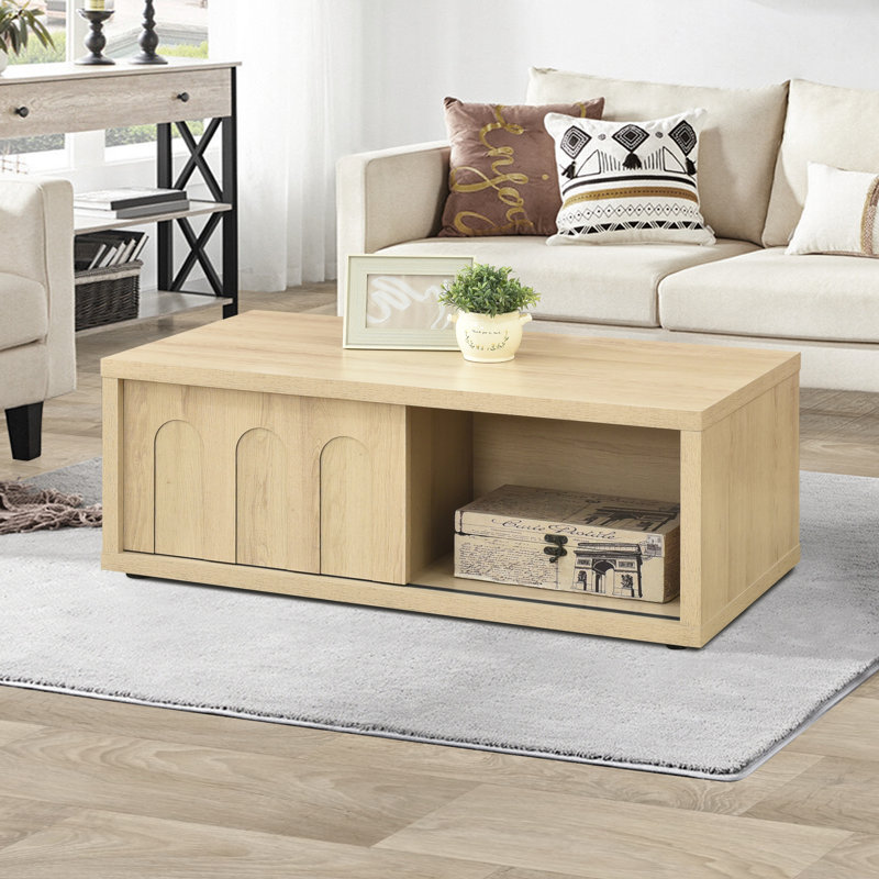 Abdullah 39.4" Modern Natural Oak Sliding Door Coffee Table with Hidden Storage