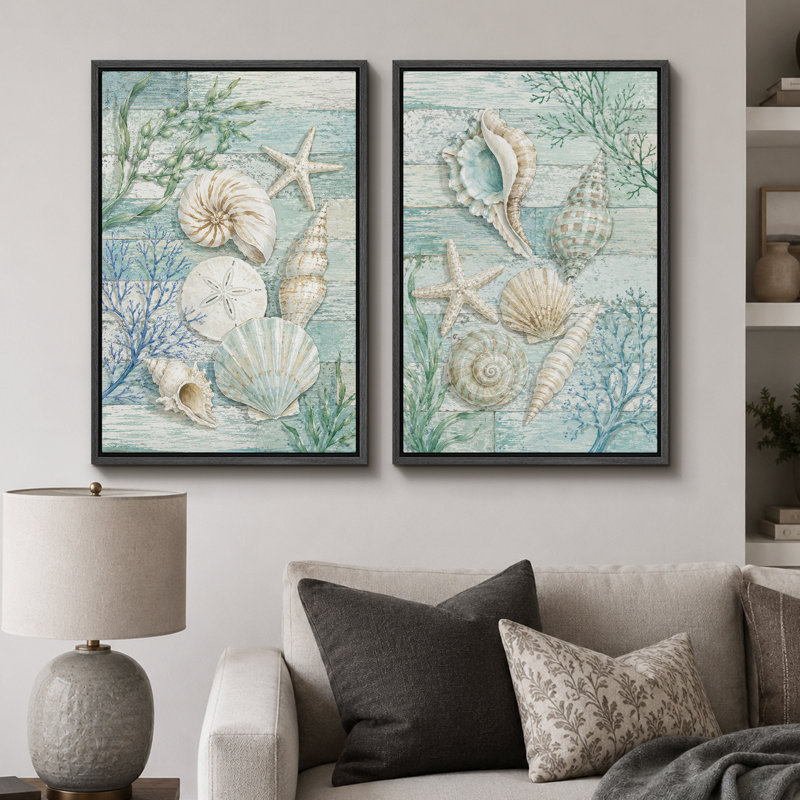 «Turquoise Seashell Coral Coastal», impression sur toile encadrée, impression sur toile, 2 pièces, Cadre noir
