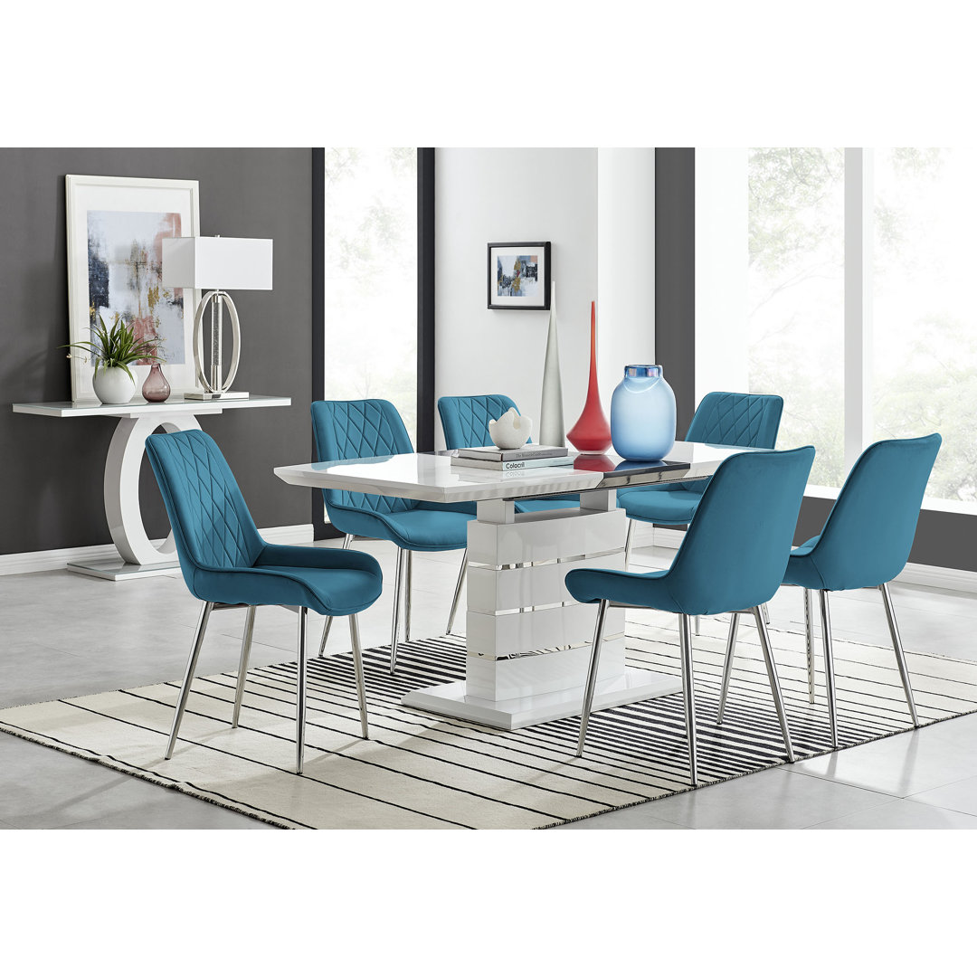 Renne Modern High Gloss Extendable Dining Table Set With 6 Luxury Velvet Dining Chairs