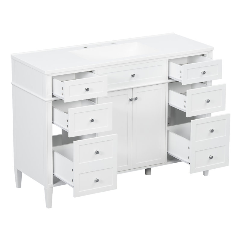 Meuble-lavabo de salle de bain de 122 cm (48 po) avec lavabo, meuble-lavabo autoportant en MDF avec 6 tiroirs et 2 portes, ensemble meuble-lavabo avec lavabo en composite, charnières à fermeture douce et poignées en métal argenté