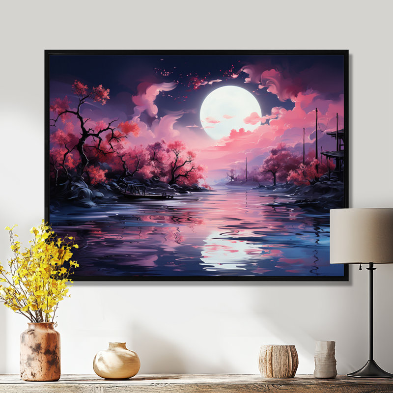 Pleine lune, ciel rose, fleur de cerisier, art mural, H 12 po x l 20 po, Cadre flottant noir, bois massif