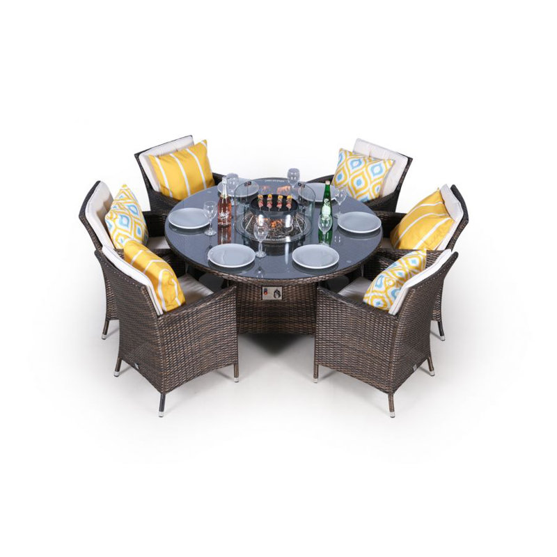 Paquette 6 - Person Wicker Patio Dining Set with Round Table , Cushions Included, Brown, Beige