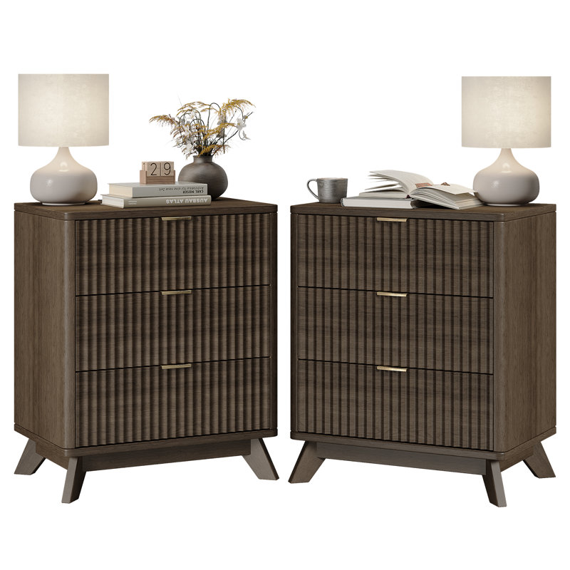 Donati 3-Drawer Fluted Nightstand With Charging Station, Walnut