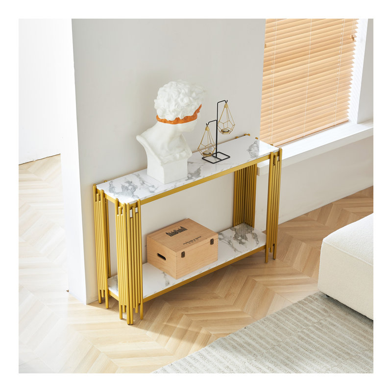 Console en faux marbre à 2 niveaux, table de canapé de salon, table d'entrée étroite moderne, table d'entrée de couloir, pieds réglables, pour entrée, couloir, or