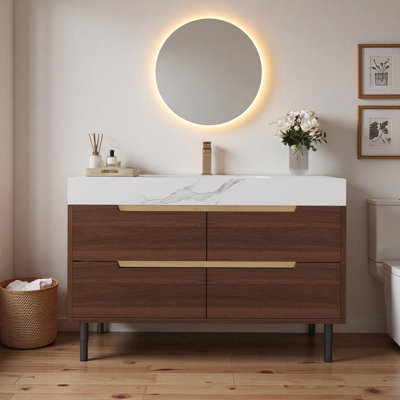 36" Floating Bathroom Vanity With Sink, Wall Mounted Or Freestanding Bathroom Vanity Cabinet With 4 Storage Drawers, Modern Wood Vanity With Marble Top