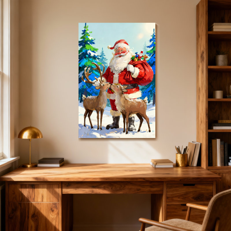 Noël père Noël avec renne dans la forêt enneigée, H 24 po x l 16 po