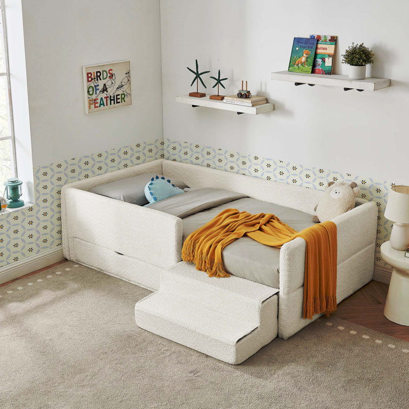 Lit simple multifonctionnel pour enfant avec garde-corps, marchepied de rangement et marchepied en tissu bouclé (80,5 po x 44,5 po x 23 po)