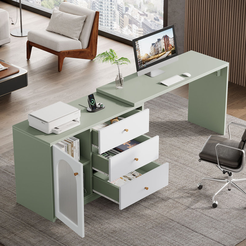  Rebacca L-Shaped Computer Desk, Corner Home Office Desk With Drawer Cabinet, Light Green