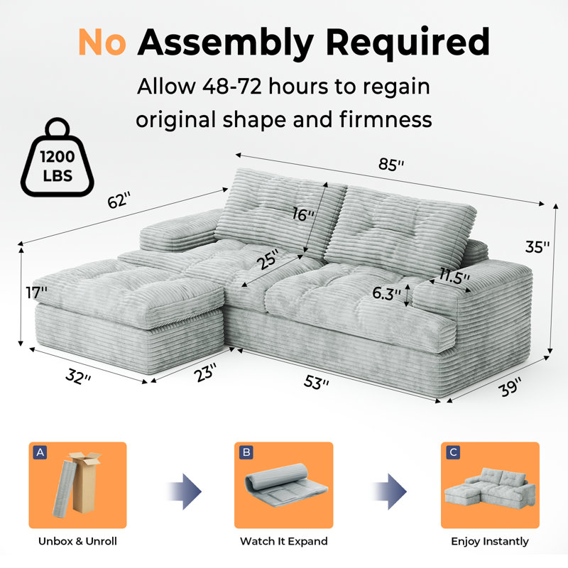 3 Seater Corduroy Sofa & Chaise,L Shaped Sofa with Movable Ottoman, 3-Seater Modular Sectional Sofa, Corduroy Couch, Deep Seat, Ideal for Living Room, Gray
