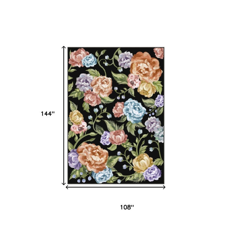 Tapis lavable floral noir, vert et orange 9 pi x 12 pi