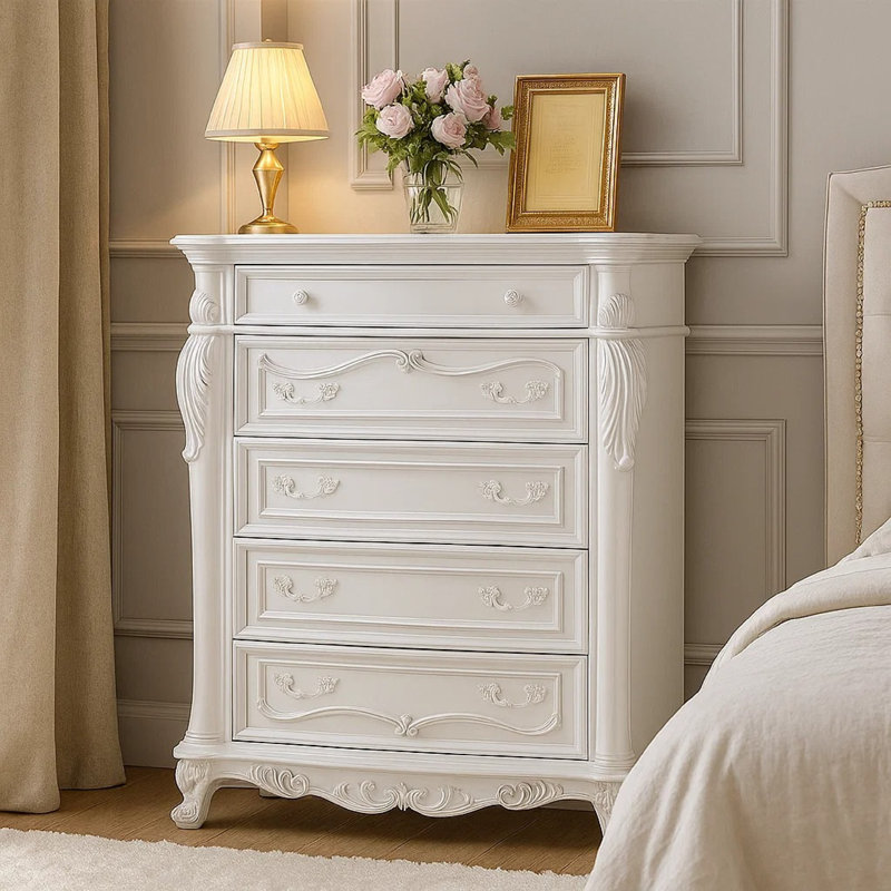 Ventra Tall Dresser Chest, Classic White Solid Wood, 52 Inch 5 Drawers