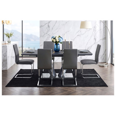 Table de salle à manger extensible moderne avec plateau en pierre frittée et base en V chromée, 6 places, noir