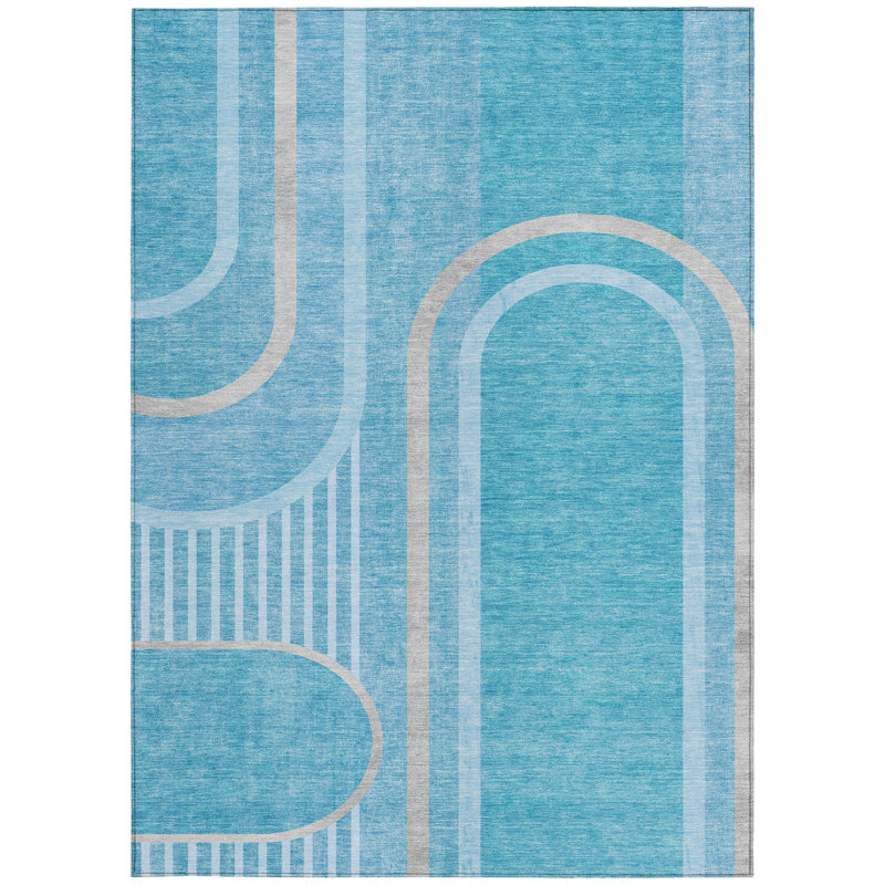 5' X 8' Teal Abstract Washable Non Skid Indoor Outdoor Area Rug, Rectangle 5' X 8'