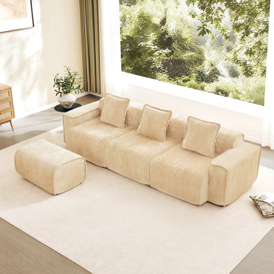 Canapé modulaire modulaire en L à 3 places avec passepoil à bordure française, aucun assemblage requis, canapé 3 places avec coussins décoratifs et 1 repose-pieds mobile
