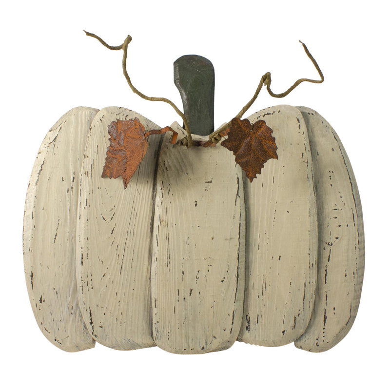 15" White Wooden Fall Harvest Pumpkin Figurine with Green Stem