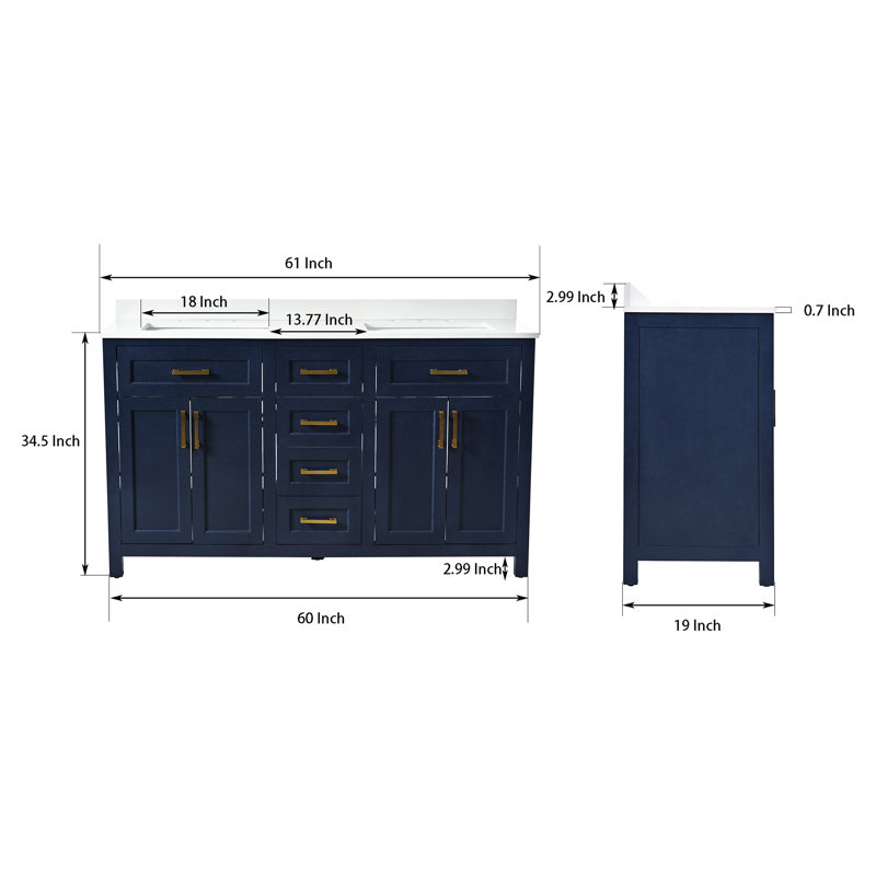 Meuble-lavabo double 60 po avec dessus en quartz Chezkel, Bleu, Bronze brossé