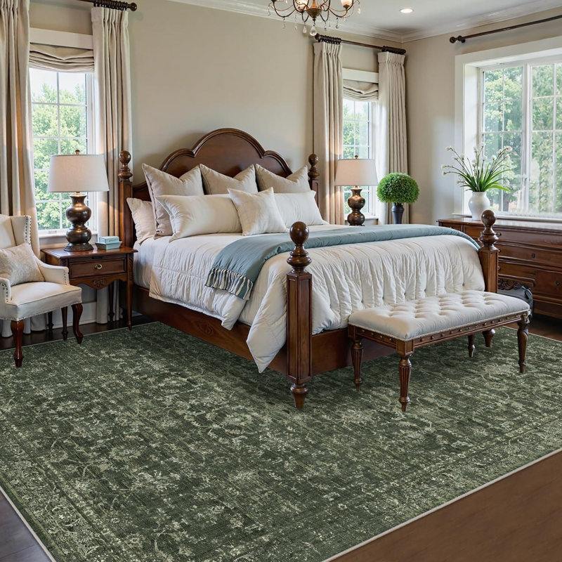 Vintage Boho Area Rug - Washable Non Slip Low Pile Rug, Rectangle 8' x 10', Dark Green
