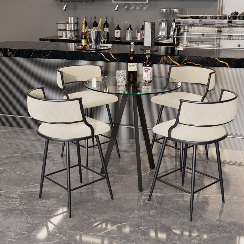 Bar Height Set, Tempered Glass Round Dining Table And Height Bar Stools, Beige, 5 Piece