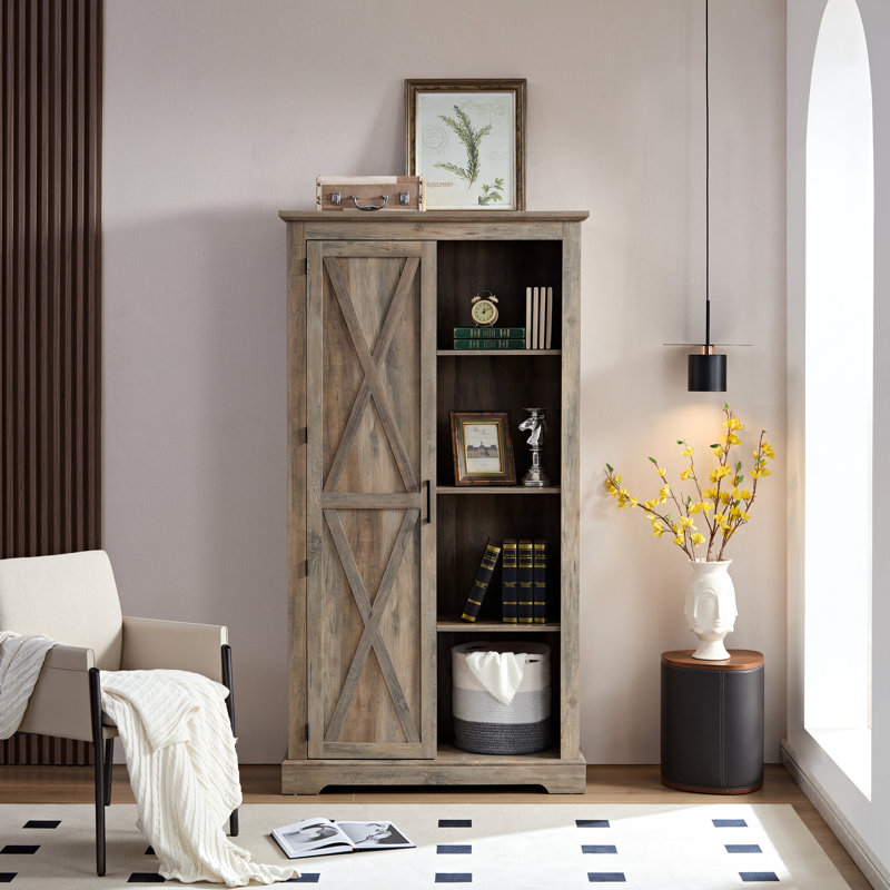 Élégant buffet à panneaux en bois massif et à base de bois avec présentoir ouvert, tiroirs et tablettes multiples pour un rangement organisé