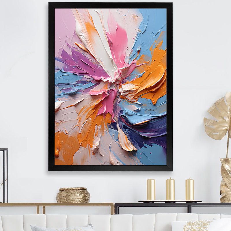 Encre rose et mauve à fleurs III - encre liquide, art mural abstrait, Cadre photo noir, H 44 po x l 34 po x P 1,5 po