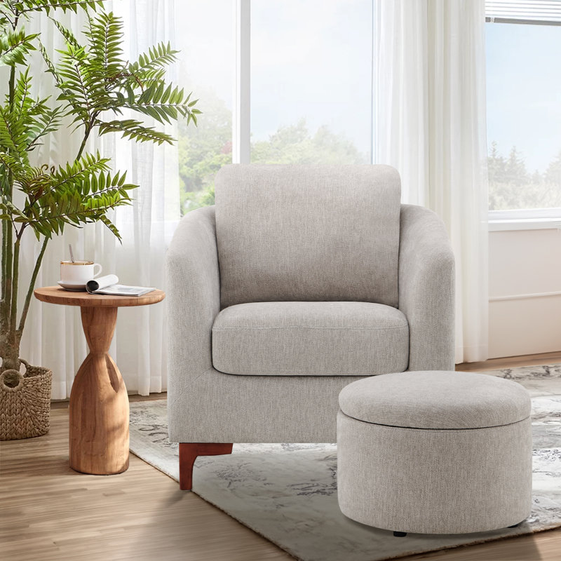 Amold Upholstered Barrel Chair with Storage Ottoman, Light Gray Polyester Blend