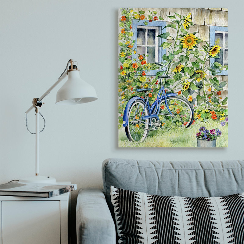Vélo sur des tournesols traditionnels - Impression sur toile, H 48 po x l 36 po, Toile tendue